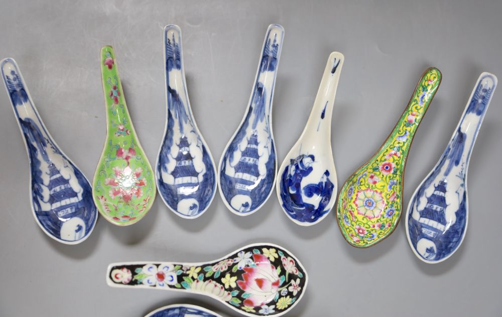 Six Chinese blue and white rice spoons, a famille rose spoon and a Canton enamel spoonCONDITION: All - Image 2 of 3