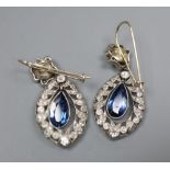 A pair of 1920's style white metal, sapphire and diamond set navette shaped drop earrings, 30mm,