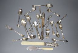 A silver-mounted and ivory page turner and a small collection of silver flatware, Georgian and