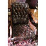 A Victorian mahogany library chair, upholstered in buttoned brown leather, width 64cm height 90cm