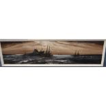 Edward Elliott, oil on board, Fishing boats along the shore, signed, 30 x 122cm