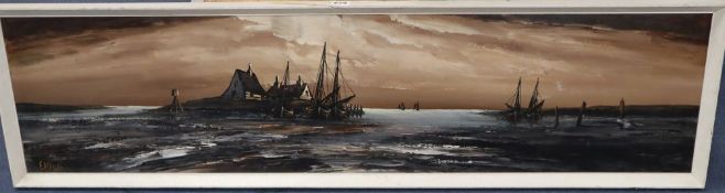 Edward Elliott, oil on board, Fishing boats along the shore, signed, 30 x 122cm