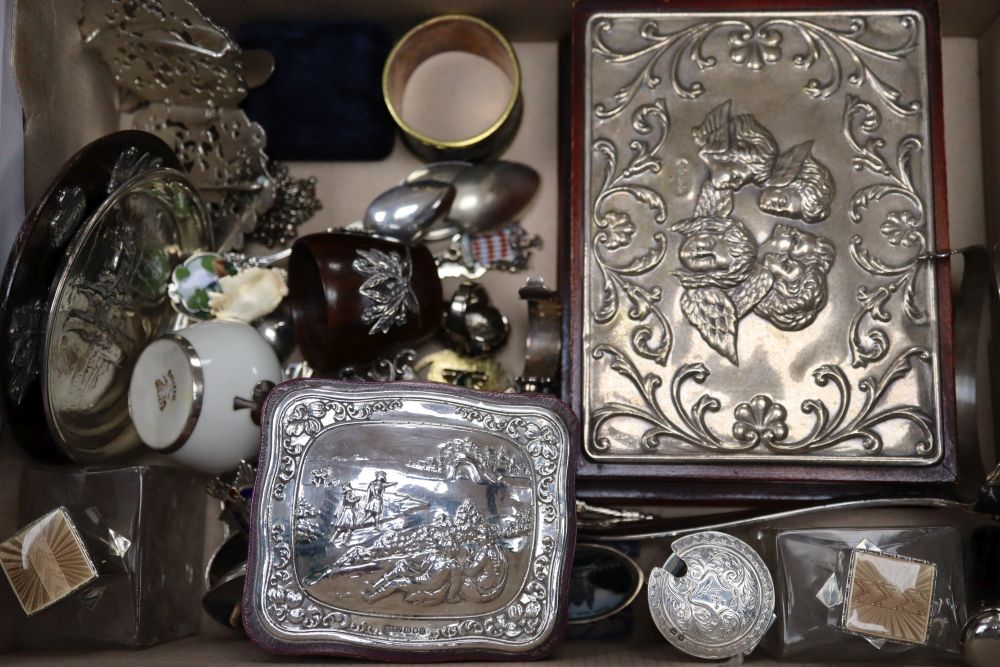 Mixed items including silver and enamel mounted glass scent bottles, silver buckle, costume