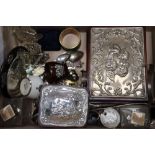 Mixed items including silver and enamel mounted glass scent bottles, silver buckle, costume