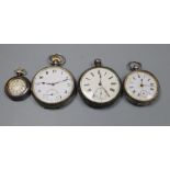 Three assorted white metal pocket watches and a fob watch.