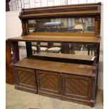 A large late Victorian oak aesthetic movement buffet sideboard, width 183cm depth 58cm height 180cm