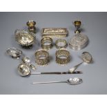 A Victorian silver toddy spoon with whalebone handle and a collection of small silver, including a