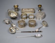 A Victorian silver toddy spoon with whalebone handle and a collection of small silver, including a