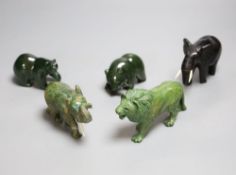 Fourteen various jadeite and hardstone carvings, a puffin group etc. lion length 11cm