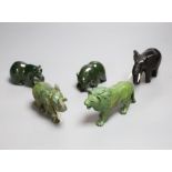Fourteen various jadeite and hardstone carvings, a puffin group etc. lion length 11cm