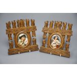 A pair of oval porcelain miniatures in carved frames, late 19th century, total height 17.5cm
