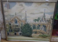 Peter C. Tonkin, oil on board, Cambridge College, initialled, 65 x 70cm