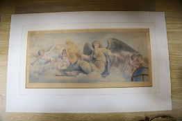 After Bartolozzi, stipple engraving, Angel and cherubs, 24 x 49cm, unframed