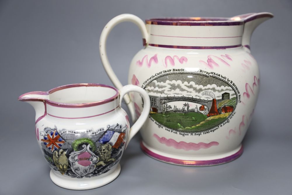 Three Sunderland pink lustre Pearlware jugs and a Sunderland Bridge creamware mug, tallest - Image 4 of 6