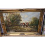 20th Century School, Hunting scene, indistinctly signed, oil on canvas, in gilt frame, 60 x 90cm