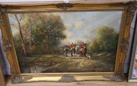 20th Century School, Hunting scene, indistinctly signed, oil on canvas, in gilt frame, 60 x 90cm