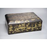 A 19th century Chinese lacquer sewing box, with ivory sewing items