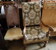 A 19th century Flemish style carved walnut armchair, upholstered in brocade and a Georgian style