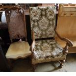 A 19th century Flemish style carved walnut armchair, upholstered in brocade and a Georgian style