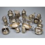 A collection of silver condiments, including a William IV foliate-embossed pepper by Edward,