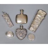 A 19th century embossed white metal etui (probably French) and five other small silver items,