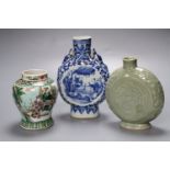A Chinese blue and white moon flask, a Chinese celadon glazed moon flask and a famille verte