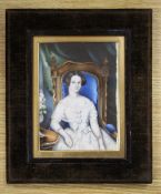 Victorian School, oil on ivory, Miniature of a seated lady, 14 x 10cm, cracked