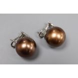 A large modern pair of white metal mounted brown freshwater pearl? earrings, diameter 16.6mm,