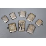 Eight silver vesta cases, including a 925 mermaid-embossed example with import marks, five foliate-