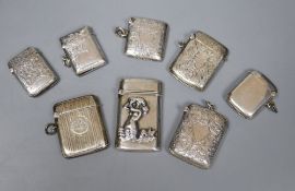 Eight silver vesta cases, including a 925 mermaid-embossed example with import marks, five foliate-