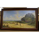 English School, oil on canvas, Harvesters in a landscape, indistinctly signed, 40 x 75cm