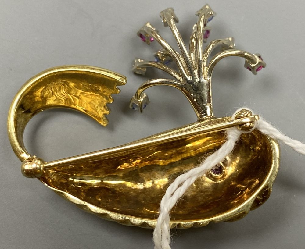 A novelty continental yellow metal (engraved 14k), ruby diamond and sapphire set 'happy' whale - Image 2 of 2