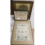 An 1836 cross-stitch sampler, a petite point picture and a Regency silk work picture (3)