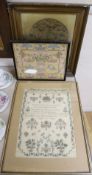 An 1836 cross-stitch sampler, a petite point picture and a Regency silk work picture (3)