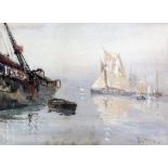 David Gould Green RI (1854-1918), watercolour, Shipping in harbour, signed, 24 x 34cm signed, 9.5