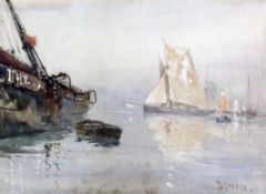 David Gould Green RI (1854-1918), watercolour, Shipping in harbour, signed, 24 x 34cm signed, 9.5