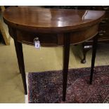 A George III style mahogany demi lune card table, width 86cm, depth 43cm, height 76cm