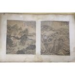 A pair of old hand-painted Chinese paintings on silk, with script, signed, overall width 58cm