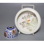 A Chinese porcelain brush holder, diameter 7cm and a Chinese enamelled shallow bowl, paintwork