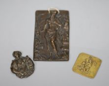 Three bronze plaquettes, 19th century or earlier, largest 9.5cm, depicting St James, cherubs and a