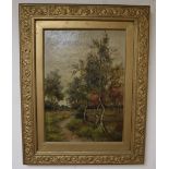 English School (19th/20th century), wooded landscape with sheep in the background grazing near a