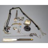 A small group of Victorian and later item including costume jewellery, silver fruit knife, gem set