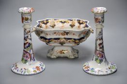 A pair of Mason's Ironstone Flying Bird pattern candlesticks and a 19th century Imari pattern tureen