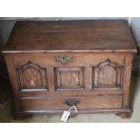 A 19th century oak coffer bach, having detachable planked top over panel front and drawer, width