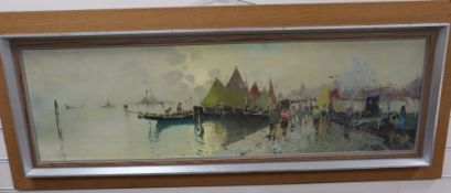 Italian School, oil on canvas, Figures on a jetty with Venice beyond, indistinctly signed, 33 x