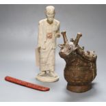 A Chinese archaistic bronze vessel, a Chinese carved wood figure and a cinnabar lacquer mount