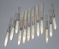 Six pairs of Edwardian mother of pearl handled silver dessert eaters, Fenton Brothers Ltd,