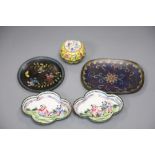 Two Chinese Canton enamel dishes and a lidded pot, and two cloisonne dishes