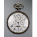 A white metal calendar moonphase keyless pocket watch.CONDITION: Scratches to the case back. Dial