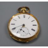 A continental 18k keyless open face pocket watch, (a.f.), the metal cuvette inscribed 'Maker to